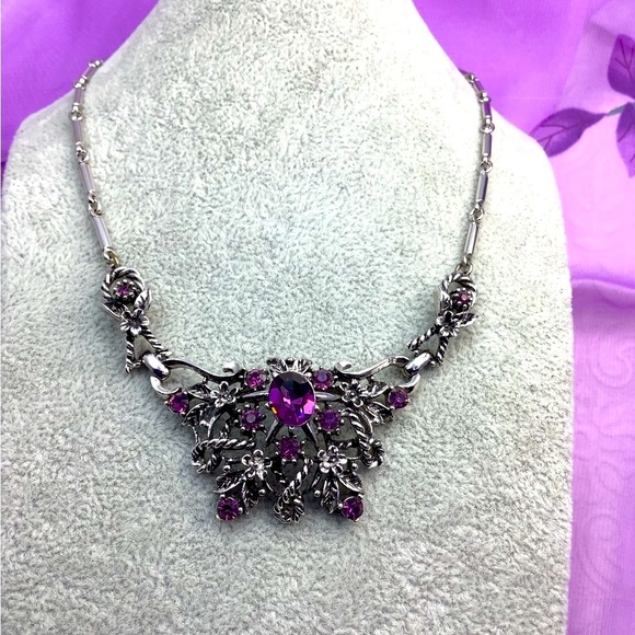 Vintage Coro Signed Amethyst Rhinestones Silver Necklace - Picture 2 of 5